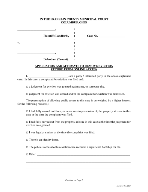 Application and Affidavit to Remove Eviction Record From Online Access - Franklin County, Ohio Download Pdf