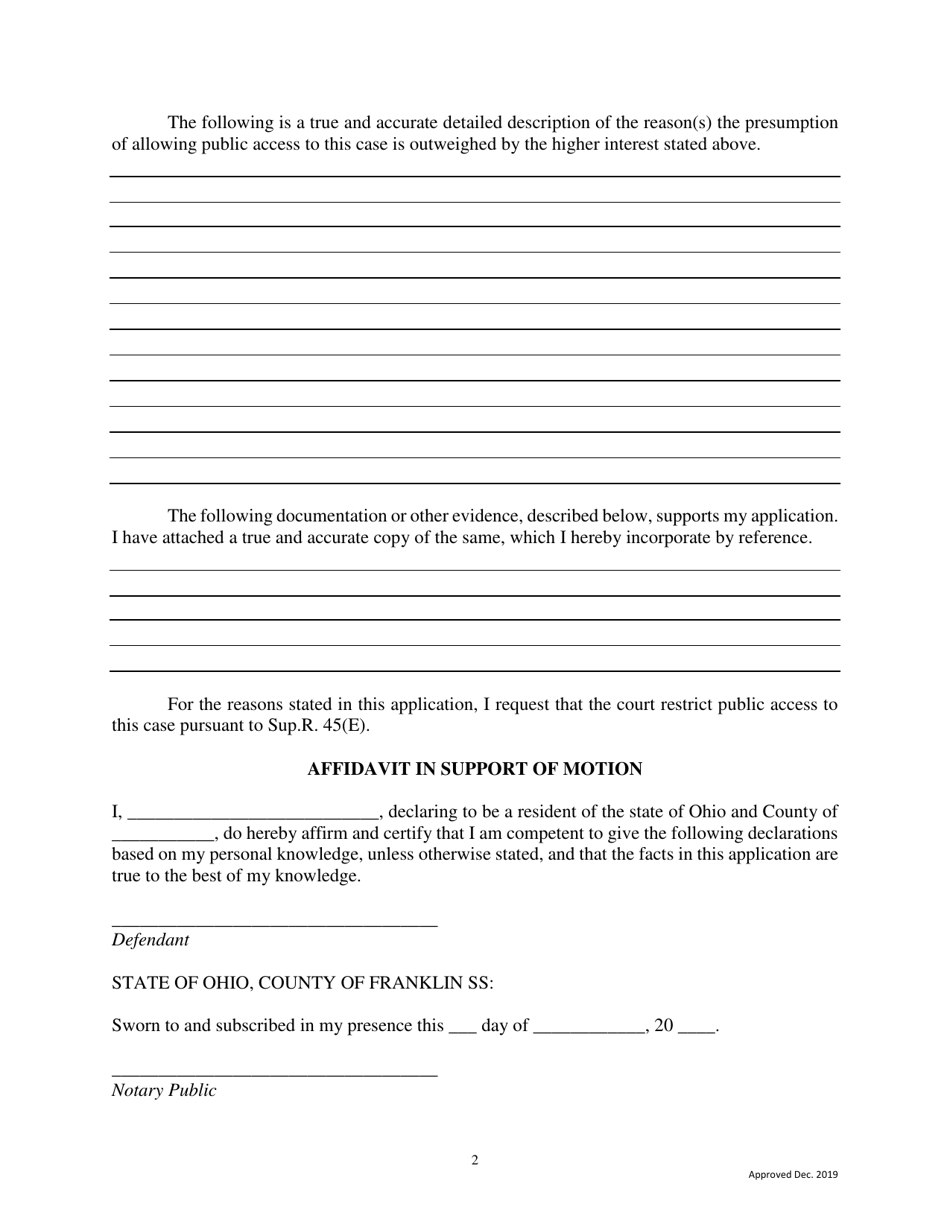 Application and Affidavit to Remove Eviction Record From Online Access - Franklin County, Ohio, Page 2