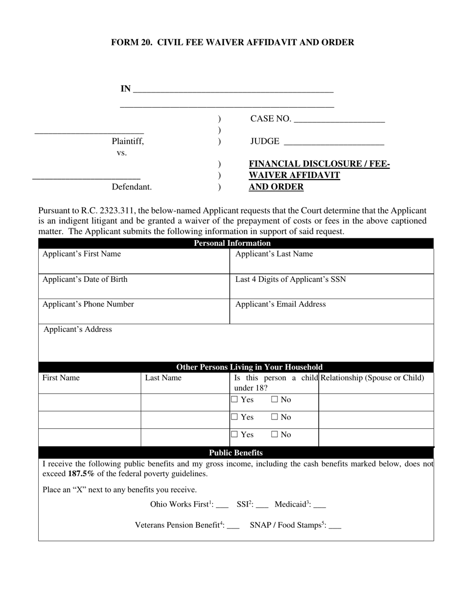Form 20 Civil Fee Waiver Affidavit and Order - Ohio, Page 1