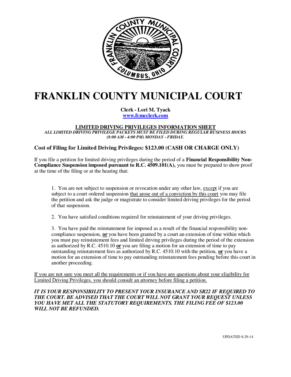 Franklin County, Ohio Petition and Worksheet for Limited Driving ...