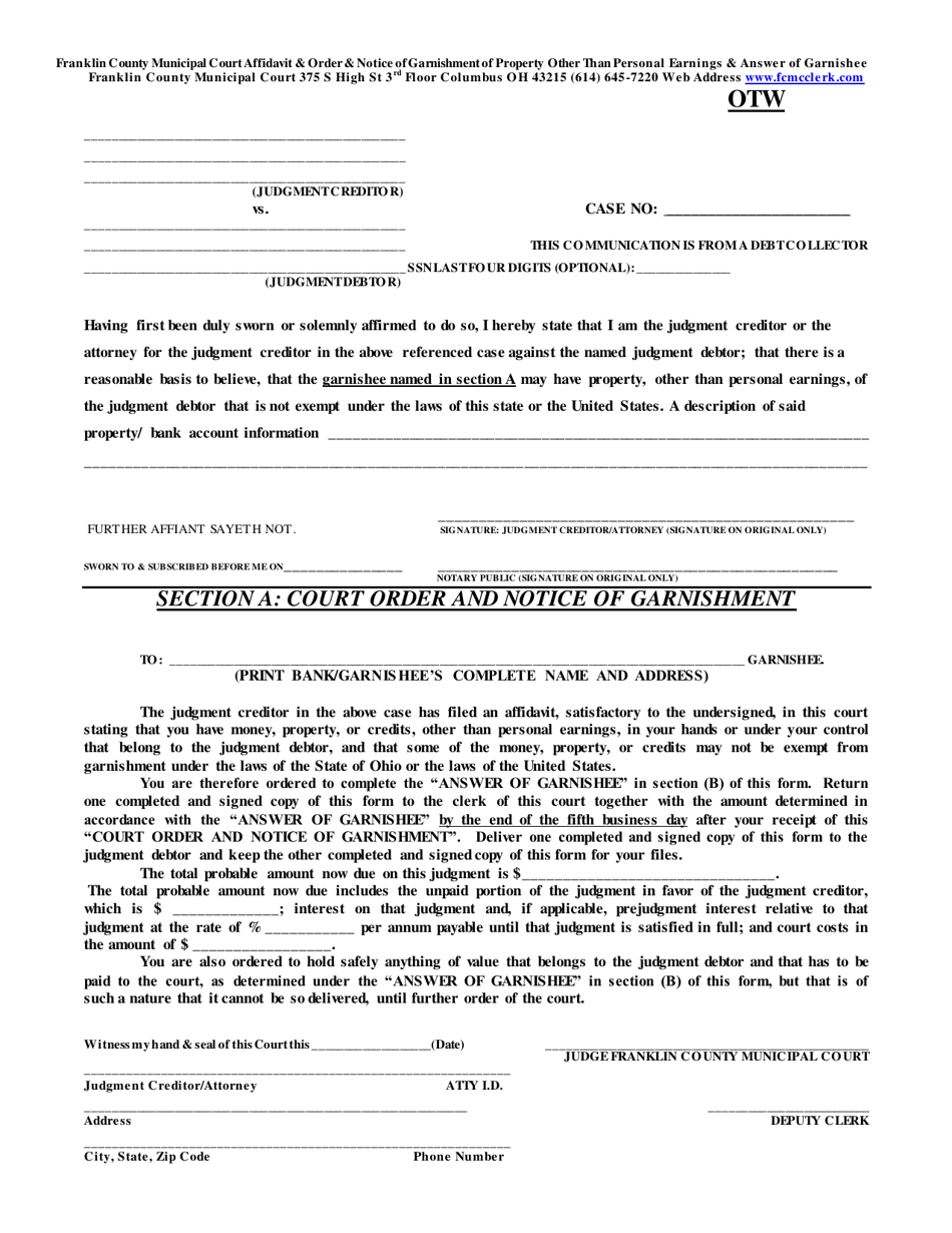 Otw Garnishment Affidavit Notice and Order - Franklin County, Ohio, Page 1