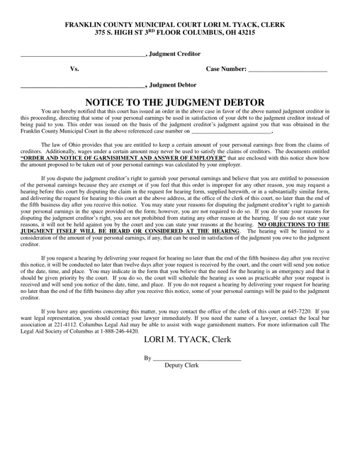 Wage Notice to the Judgment Debtor - Franklin County, Ohio Download Pdf
