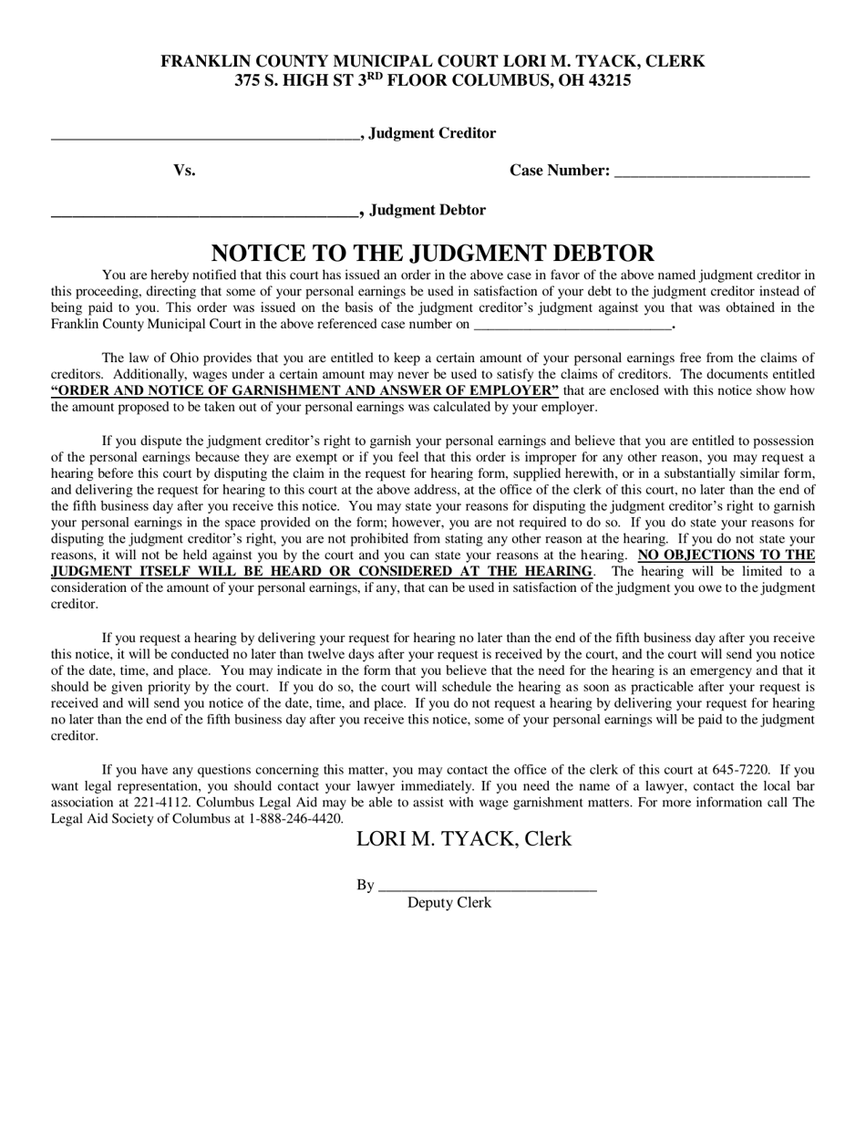Franklin County, Ohio Wage Notice to the Judgment Debtor Fill Out