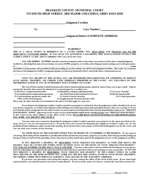 Other Than Wage Notice to Judgment Debtor - Franklin County, Ohio Download Pdf