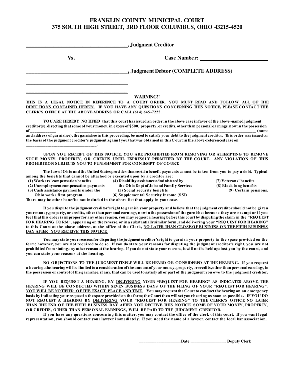 Other Than Wage Notice to Judgment Debtor - Franklin County, Ohio, Page 1