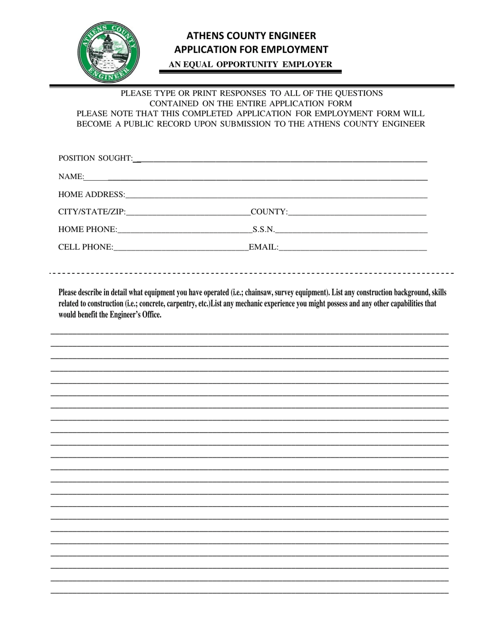 Athens County, Ohio Application for Employment Fill Out, Sign Online