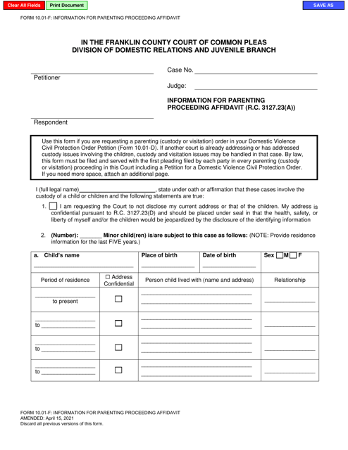Form 10.01-F Information for Parenting Proceeding Affidavit (R.c. 3127.23(A)) - Franklin County, Ohio