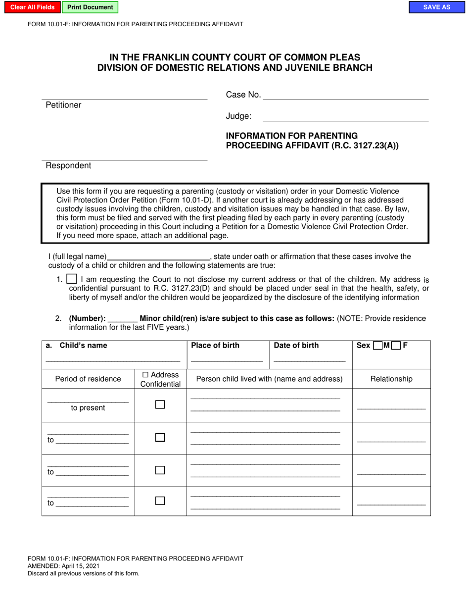 Form 10.01-F Information for Parenting Proceeding Affidavit (R.c. 3127.23(A)) - Franklin County, Ohio, Page 1