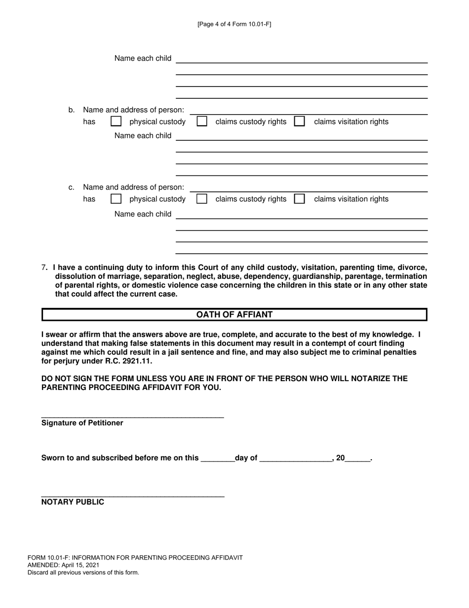 Form 10.01-F Information for Parenting Proceeding Affidavit (R.c. 3127.23(A)) - Franklin County, Ohio, Page 4