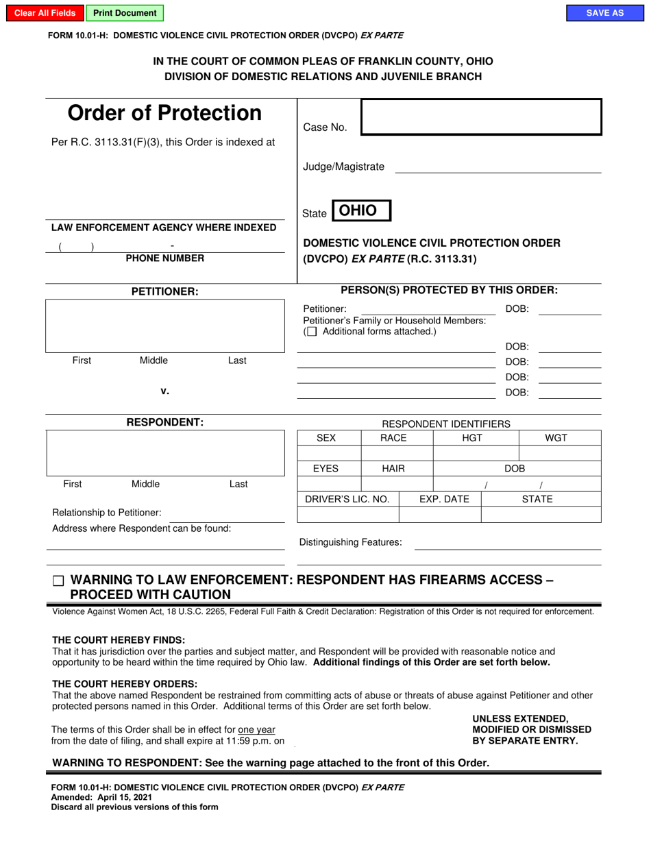 Form 10.01-H Domestic Violence Civil Protection Order (Dvcpo) Ex Parte - Franklin County, Ohio, Page 1