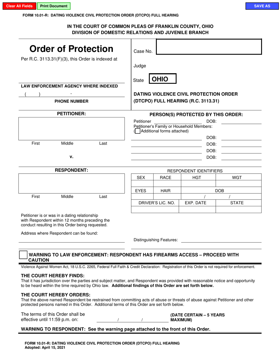 Form 10.01-R Dating Violence Civil Protection Order (Dtcpo) Full Hearing - Franklin County, Ohio, Page 1