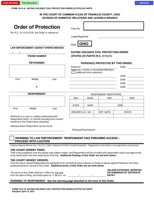 Form 10.01-Q Dating Violence Civil Protection Order (Dtcpo) Ex Parte - Franklin County, Ohio