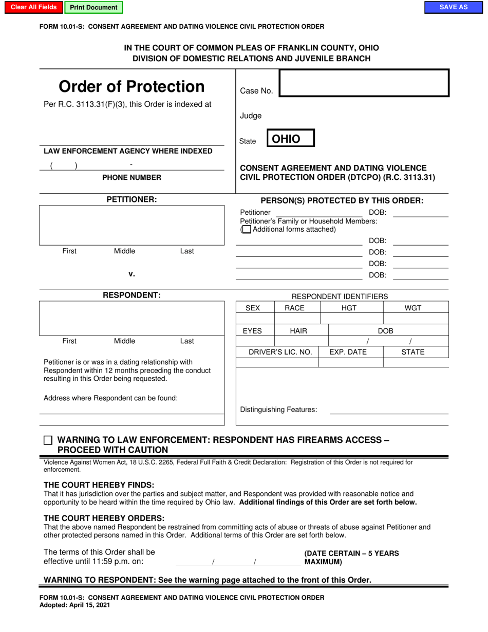 Form 10.01-S Consent Agreement and Dating Violence Civil Protection Order - Franklin County, Ohio, Page 1
