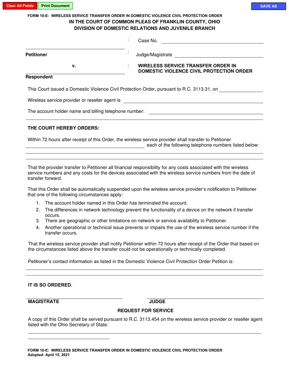 Form 10-E Wireless Service Transfer Order in Domestic Violence Civil Protection Order - Franklin County, Ohio, Page 1