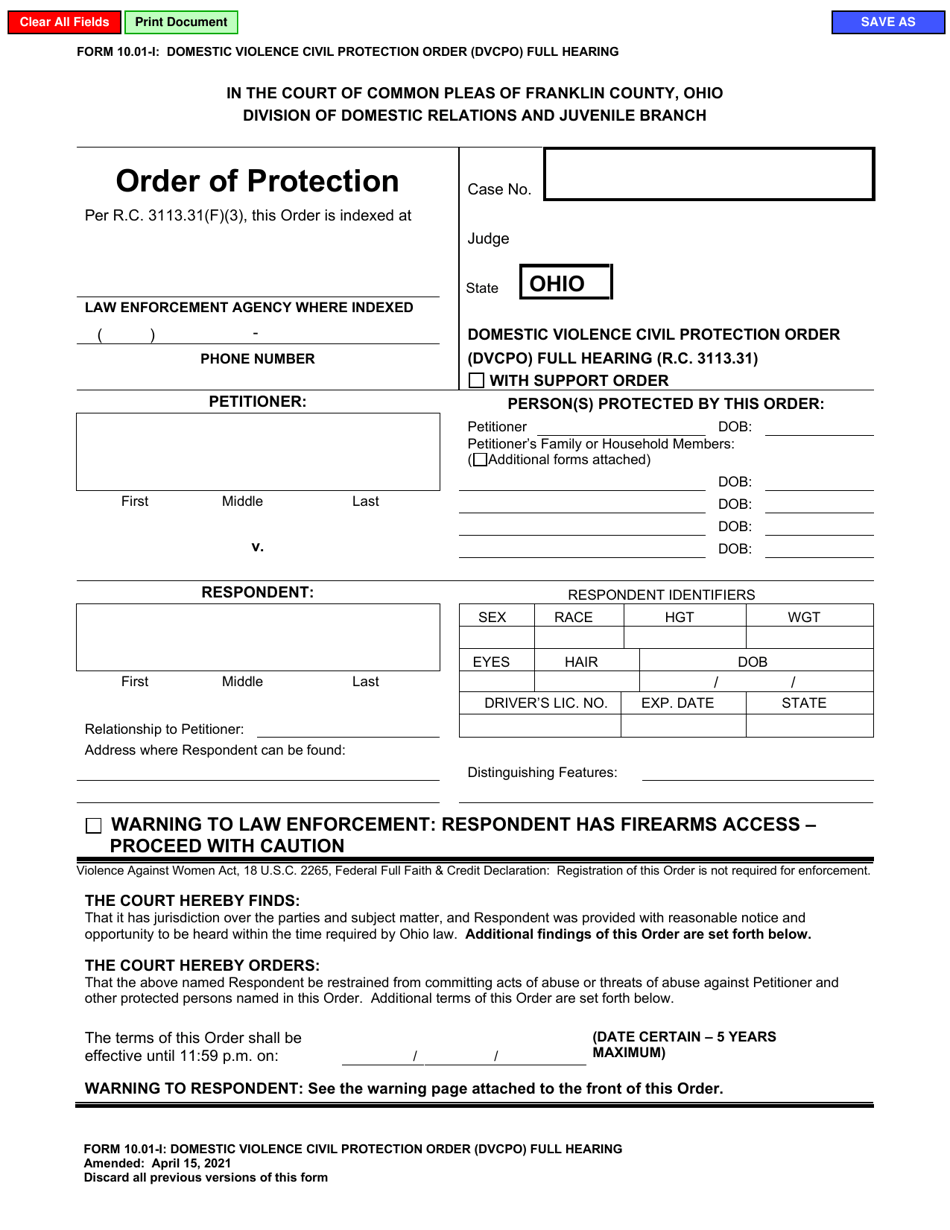 Form 10.01-I Domestic Violence Civil Protection Order (Dvcpo) Full Hearing - Franklin County, Ohio, Page 1