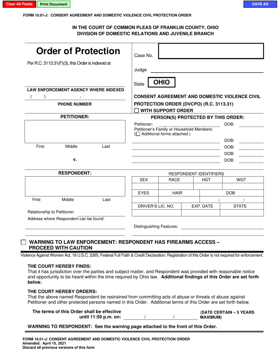 Form 10.01-J Consent Agreement and Domestic Violence Civil Protection Order - Franklin County, Ohio, Page 1