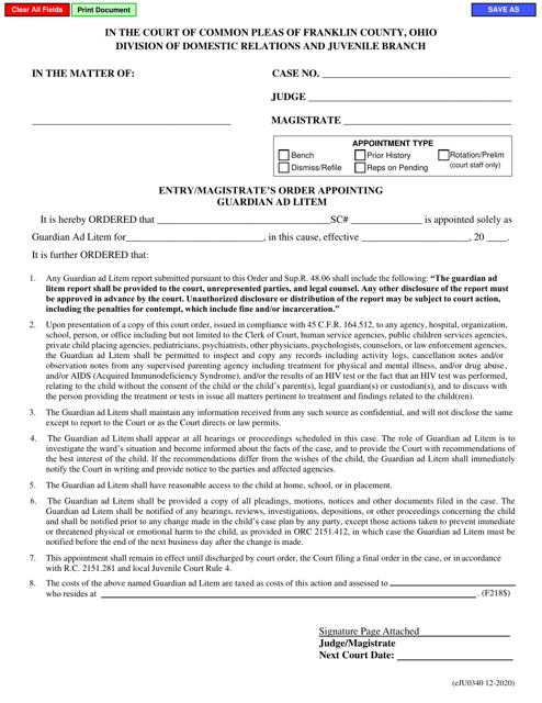 Form eJU0340 Entry/Magistrate's Order Appointing Guardian Ad Litem - Franklin County, Ohio