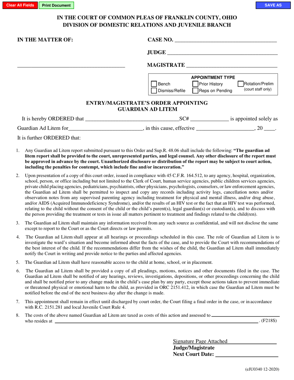 Form eJU0340 Entry / Magistrates Order Appointing Guardian Ad Litem - Franklin County, Ohio, Page 1