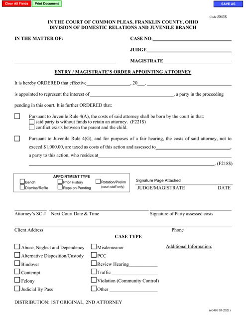 Form E0496 Entry/Magistrate's Order Appointing Attorney - Franklin County, Ohio