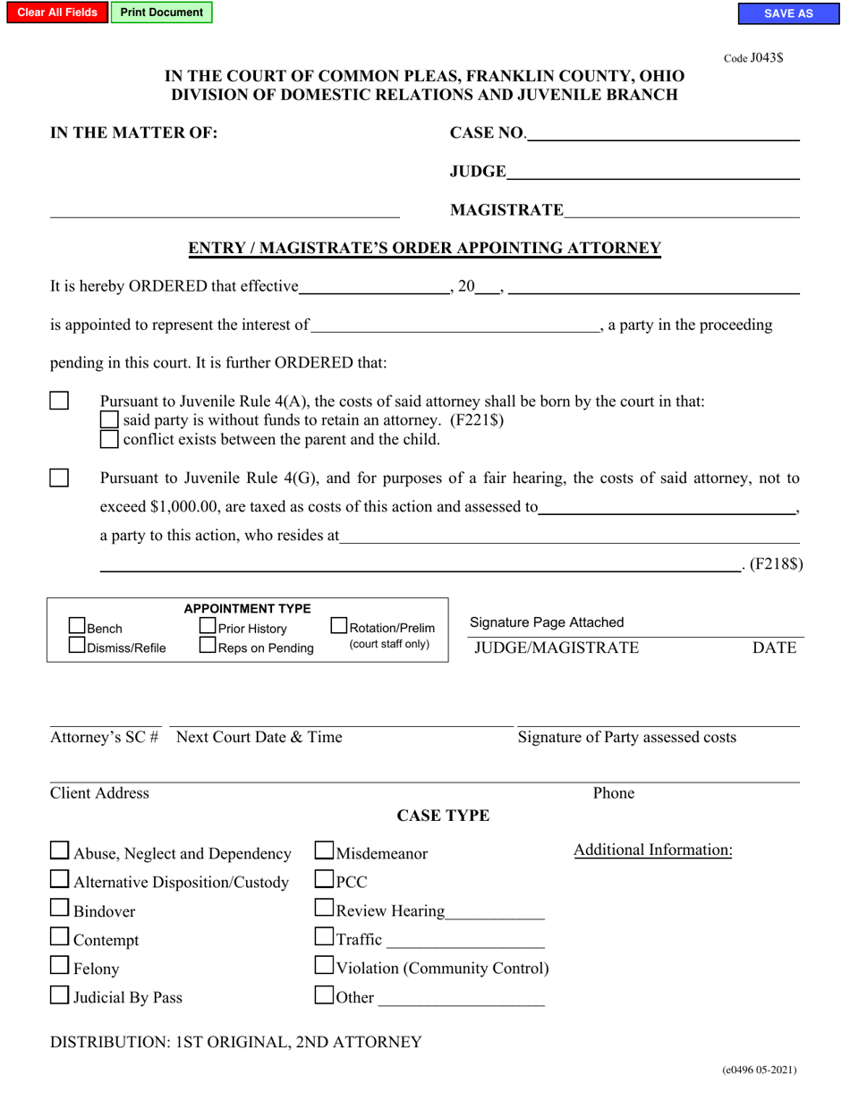 Form E0496 Entry / Magistrates Order Appointing Attorney - Franklin County, Ohio, Page 1