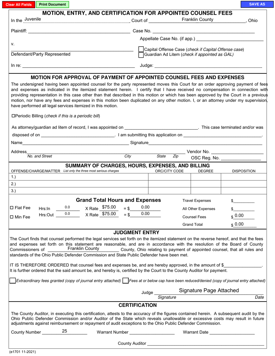 Form E1701 Motion, Entry, and Certification for Appointed Counsel Fees - Franklin County, Ohio, Page 1
