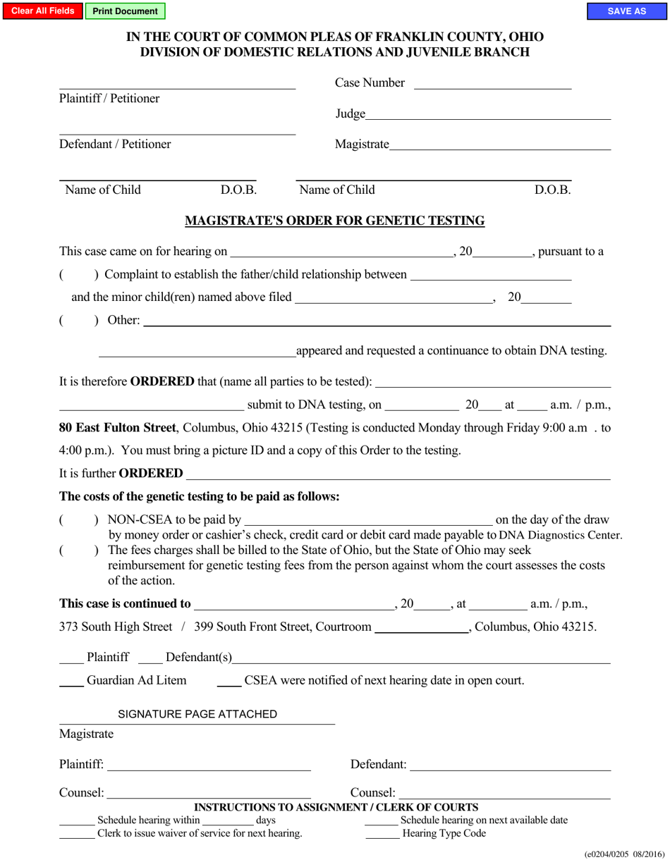 Form E0204 / 0205 Magistrates Order for Genetic Testing - Franklin County, Ohio, Page 1
