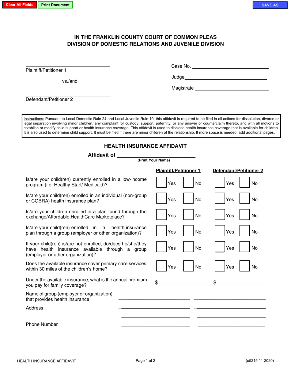 Form E5215 Health Insurance Affidavit - Franklin County, Ohio, Page 1