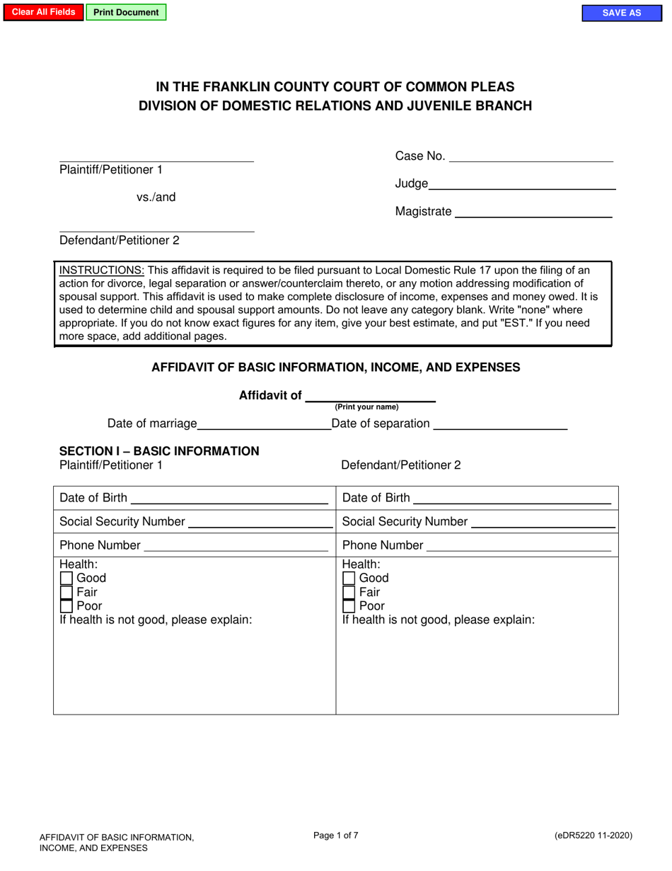 Form eDR5220 Affidavit of Basic Information, Income, and Expenses - Franklin County, Ohio, Page 1