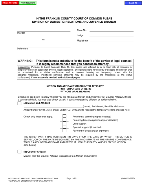 Form E9400 Motion and Affidavit or Counter Affidavit for Temporary Orders Without Oral Hearing - Franklin County, Ohio