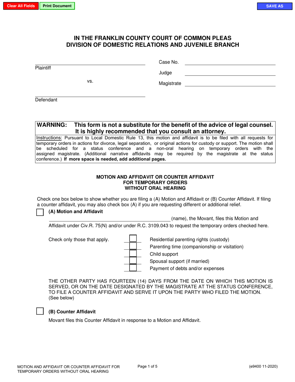Form E9400 Motion and Affidavit or Counter Affidavit for Temporary Orders Without Oral Hearing - Franklin County, Ohio, Page 1