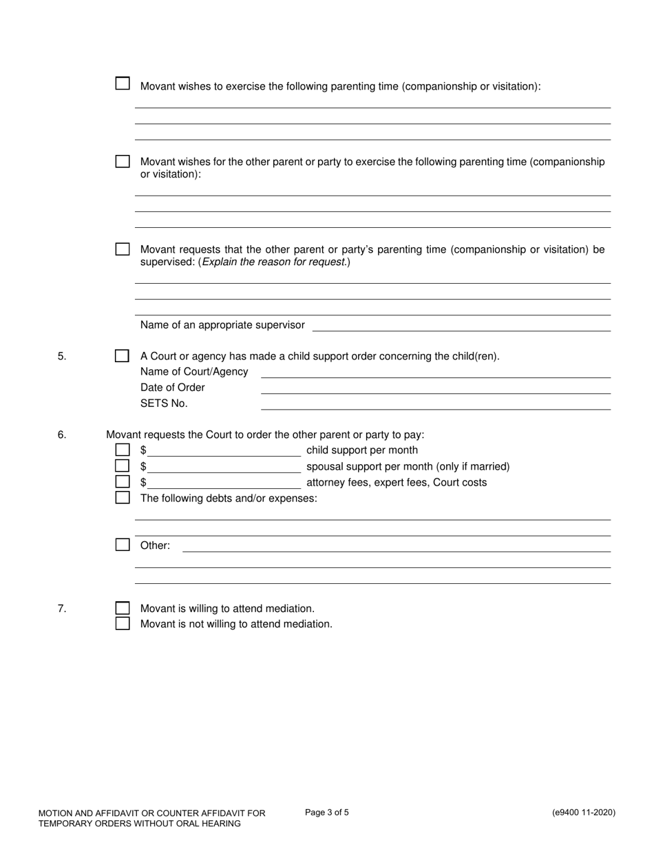 Form E9400 Motion and Affidavit or Counter Affidavit for Temporary Orders Without Oral Hearing - Franklin County, Ohio, Page 3