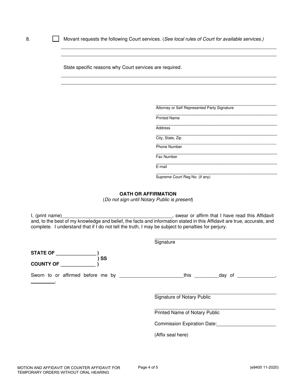 Form E9400 Motion and Affidavit or Counter Affidavit for Temporary Orders Without Oral Hearing - Franklin County, Ohio, Page 4