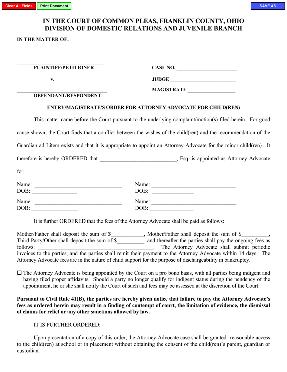 Form E0496 Entry / Magistrates Order for Attorney Advocate for Child(Ren) - Franklin County, Ohio, Page 1