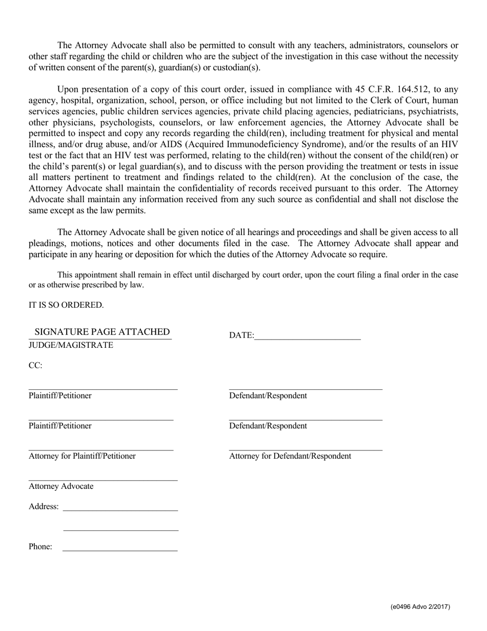 Form E0496 Entry / Magistrates Order for Attorney Advocate for Child(Ren) - Franklin County, Ohio, Page 2