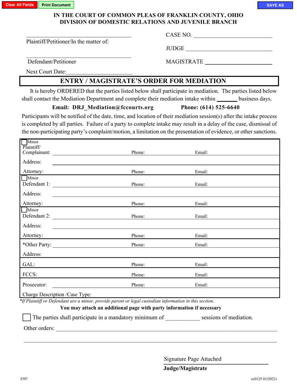 Form E0125 (J397) Entry / Magistrates Order for Mediation - Franklin County, Ohio, Page 1