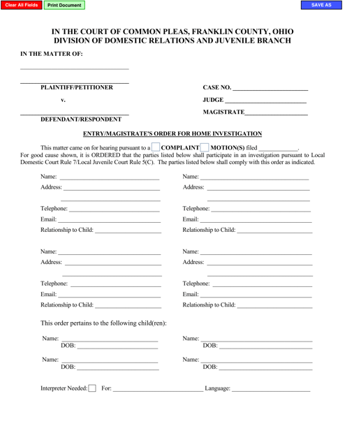 Form E0500 Entry/Magistrate's Order for Home Investigation - Franklin County, Ohio