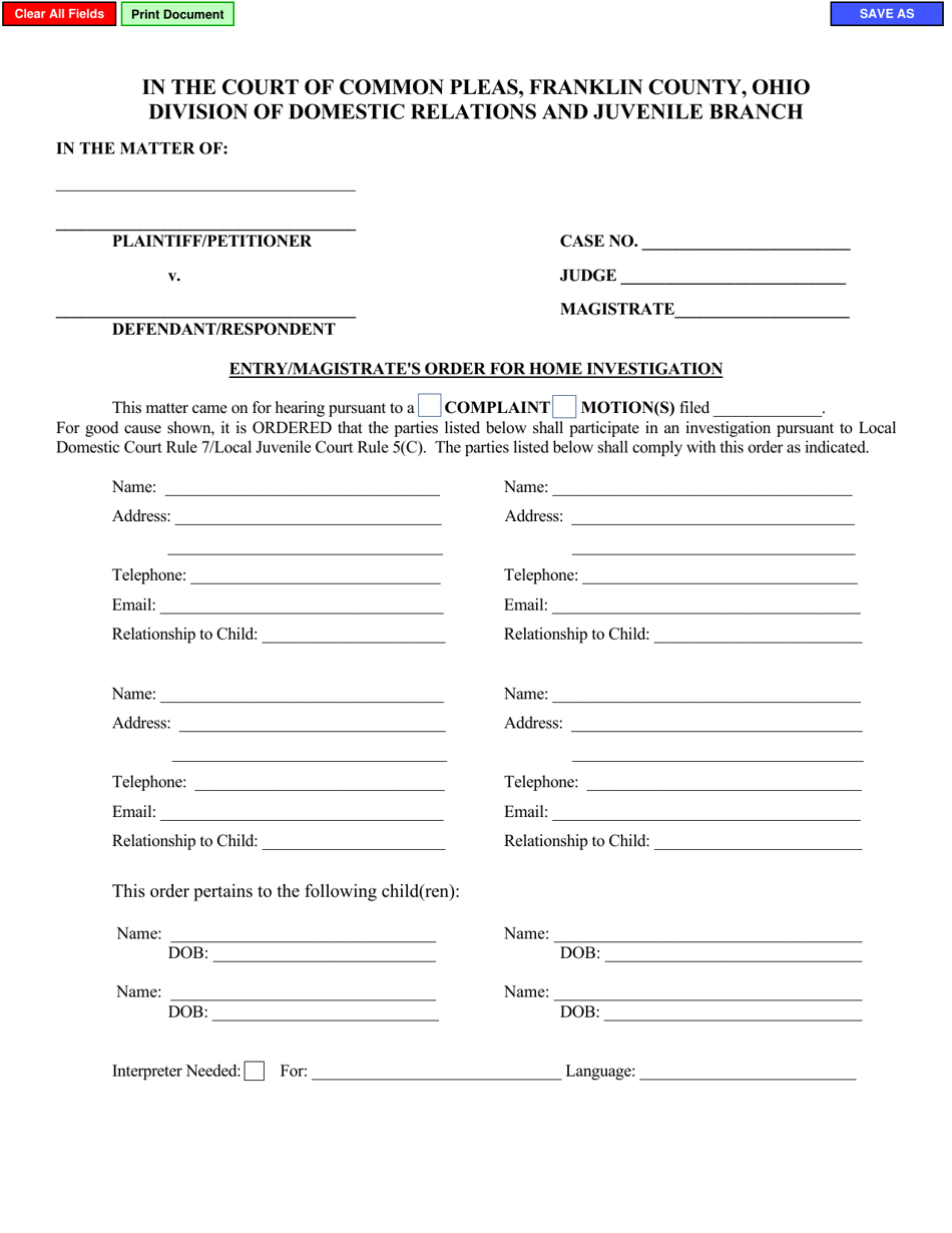 Form E0500 Entry / Magistrates Order for Home Investigation - Franklin County, Ohio, Page 1