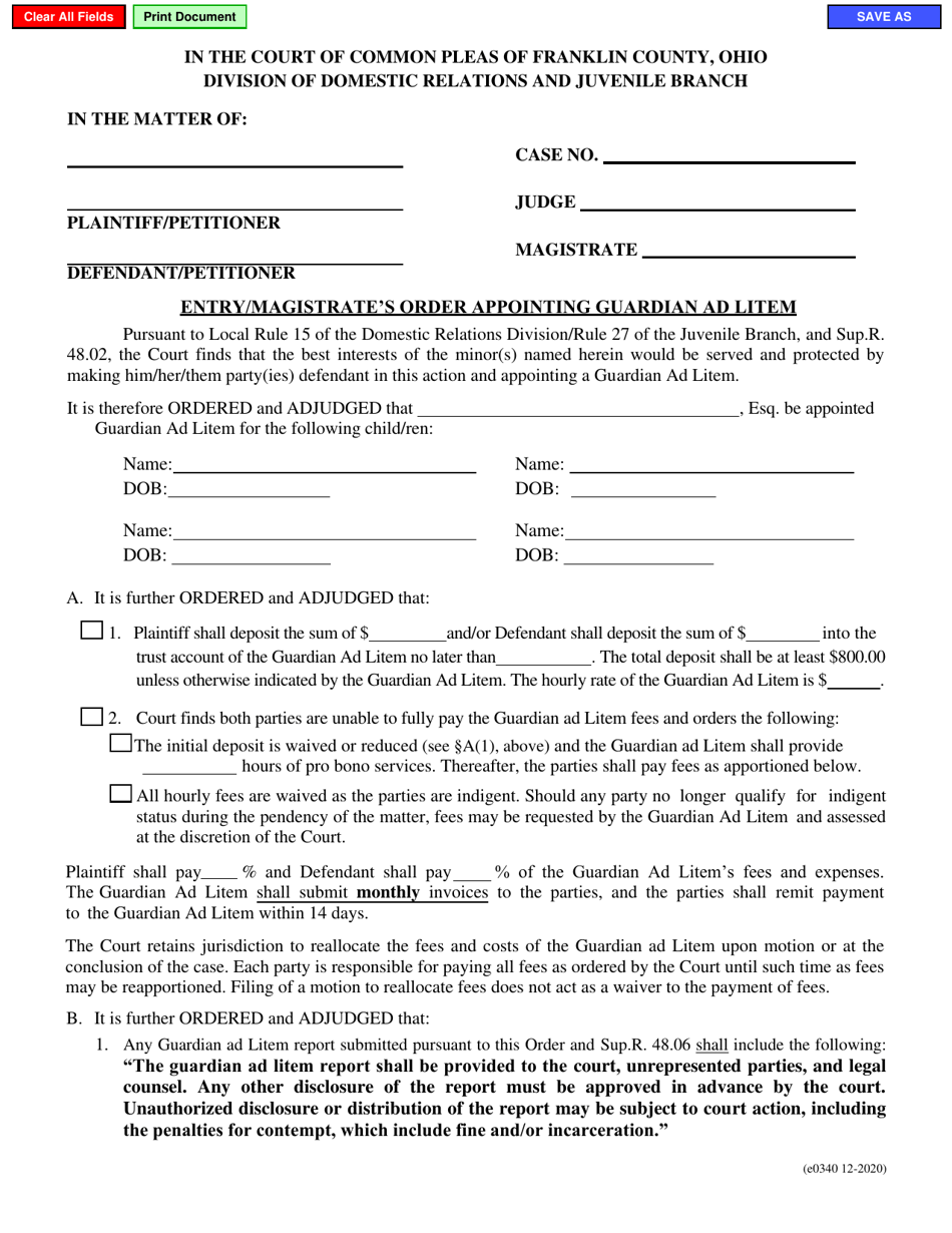 Form E0340 Entry / Magistrates Order Appointing Guardian Ad Litem - Franklin County, Ohio, Page 1