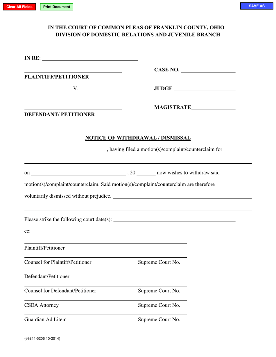 Form E9244-5206 Notice of Withdrawal / Dismissal - Franklin County, Ohio, Page 1