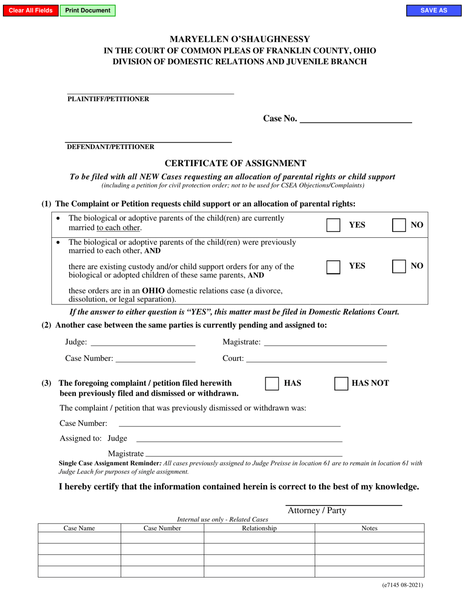 Form E7145 Certificate of Assignment - Franklin County, Ohio, Page 1