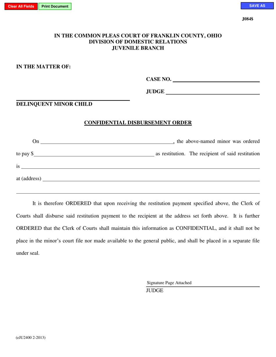 Form eJU2400 Confidential Disbursement Order - Franklin County, Ohio, Page 1