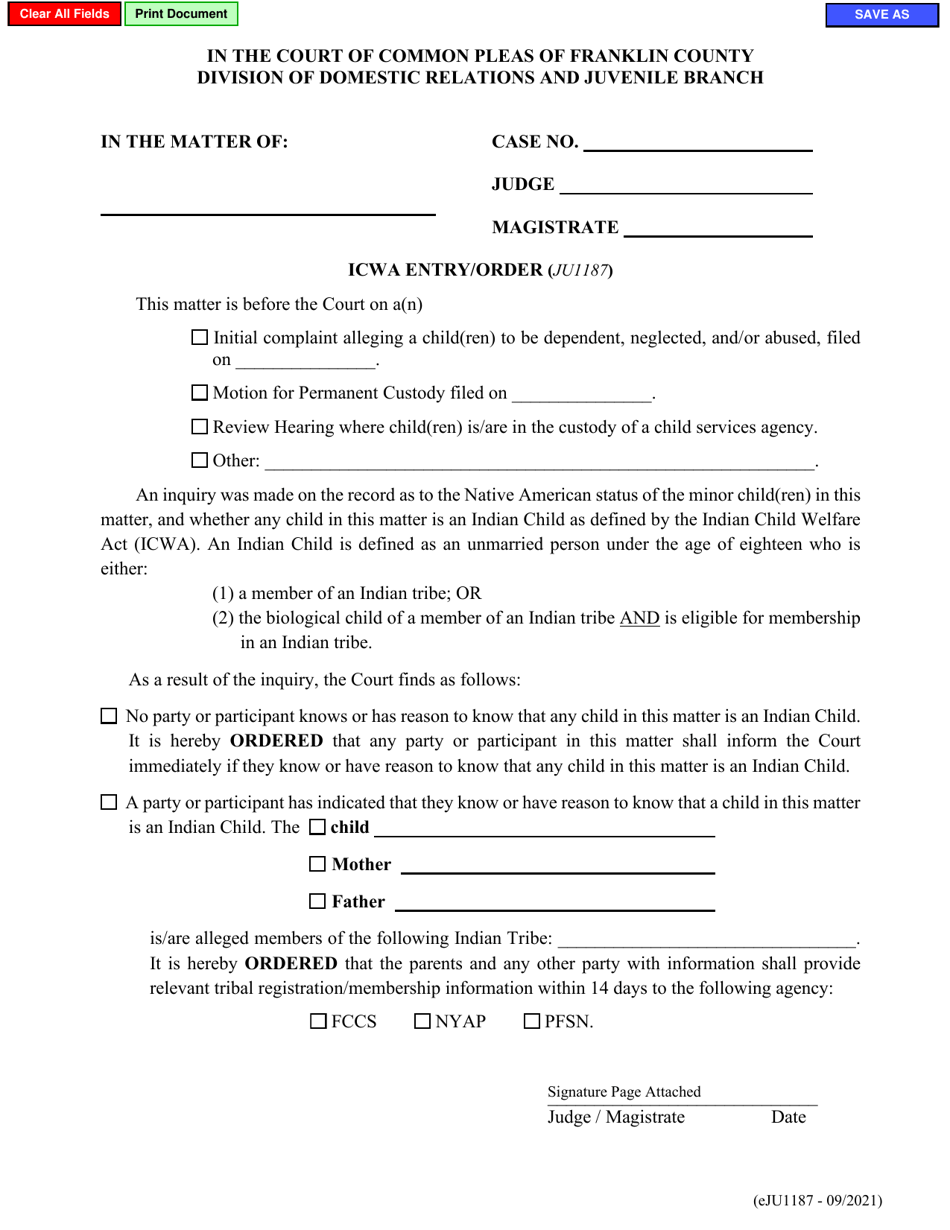 Form eJU1187 Icwa Entry / Order - Franklin County, Ohio, Page 1