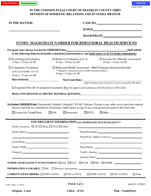 Form J-407-1 (eJU0101) Entry/Magistrate's Order for Behavioral Health Services - Franklin County, Ohio