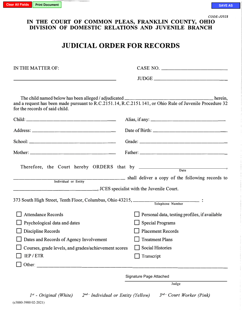 Form E3880-3900 Judicial Order for Records - Franklin County, Ohio, Page 1