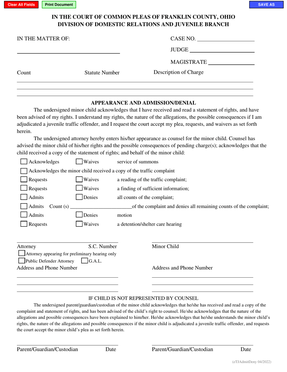 Franklin County, Ohio Appearance and Admission/Denial - Fill Out, Sign ...