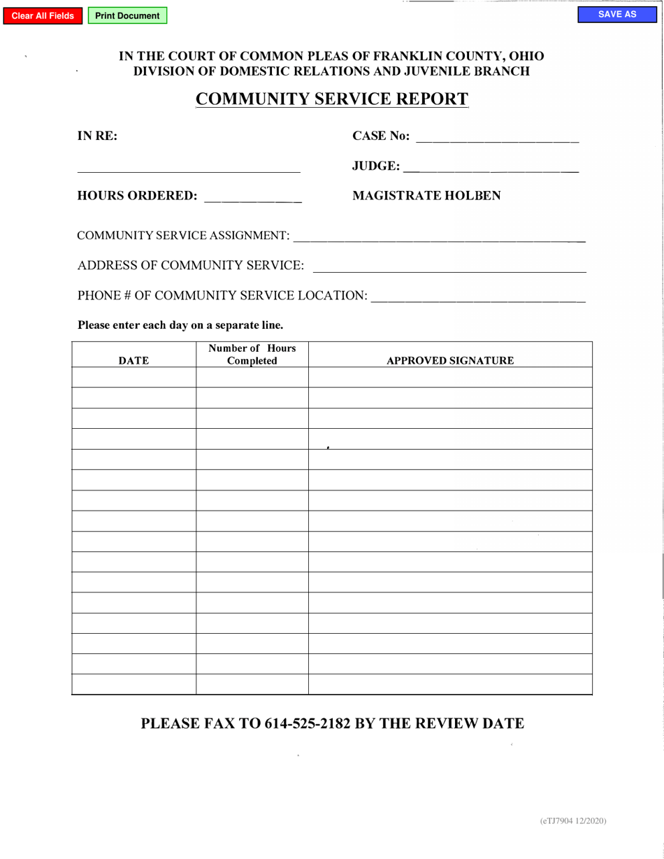 Form eTJ7904 Community Service Report - Franklin County, Ohio, Page 1