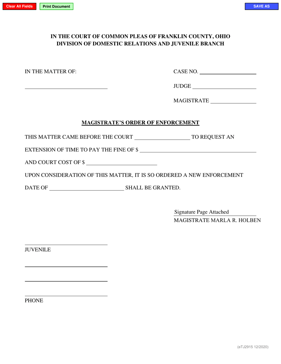 Form eTJ2915 Magistrates Order of Enforcement - Franklin County, Ohio, Page 1