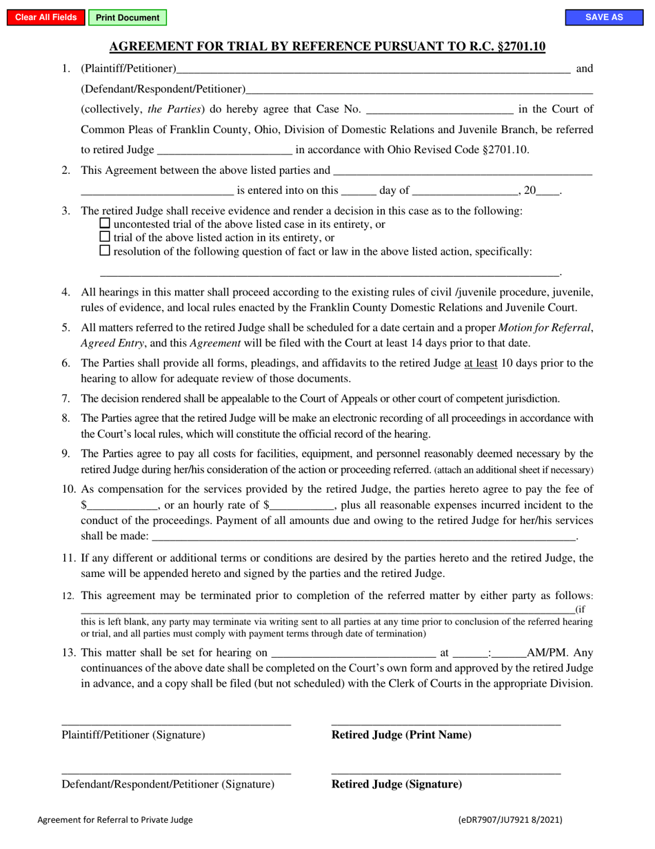 Form eDR7907 (JU7921) Agreement for Trial by Reference Pursuant to R.c. 2701.10 - Franklin County, Ohio, Page 1