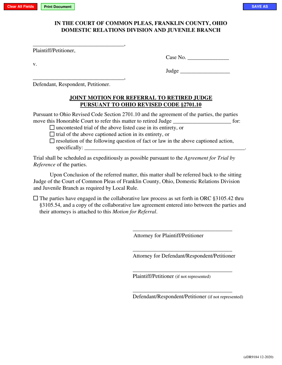 Form eDR9184 Joint Motion for Referral to Retired Judge Pursuant to Ohio Revised Code 2701.10 - Franklin County, Ohio, Page 1