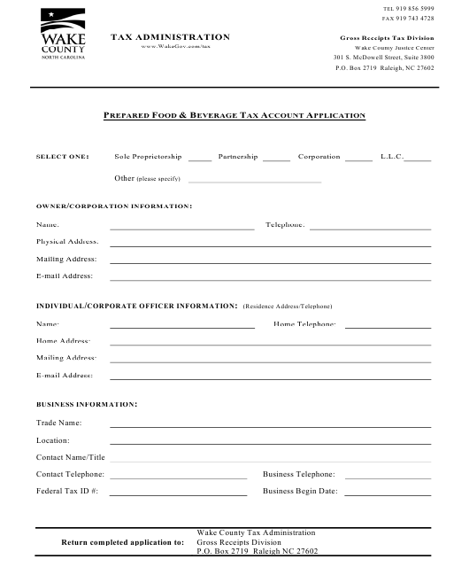 Wake County, North Carolina Prepared Food & Beverage Tax Account